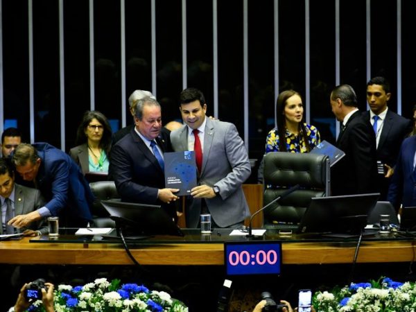Presidente da CNI, Ricardo Alban, e o deputado Carlos Veras, que presidiu a sessão - Geraldo Magela/Agência Senado