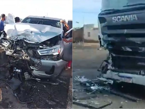 Colisão frontal entre caminhonete e caminhão ocorreu na manhã de sábado (4) na BR-226 — Foto: Reprodução