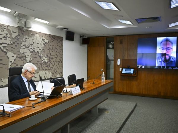 Na mesa o deputado Arlindo Chinaglia, presidente, e no telão o senador Alan Rick, relator - Foto: Ton Molina/Agência Senado
