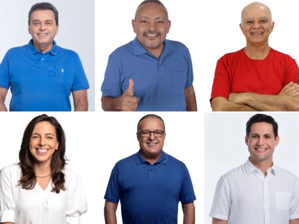 Candidatos as prefeito de Natal: Carlos Eduardo, Hero, Nando Poeta, Natália Bonavides, Paulinho Freire e Rafael Motta — Foto: Arte