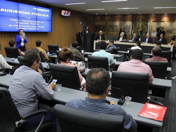 A audiência discutiu a proposta técnica apresentada pelo CREA-RN e CAU — Foto: Marcelo Barroso