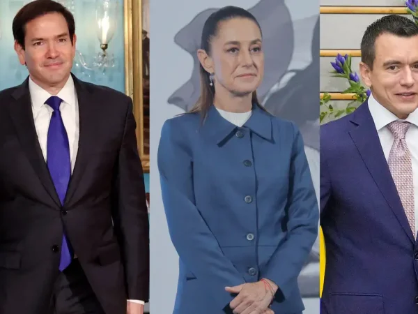 secretário de Estado dos EUA, Marco Rubio, ao lado da presidente do México, Claudia Sheinbaum, e do presidente do Equador, Daniel Noboa. Foto: Reuters/Proibida reprodução