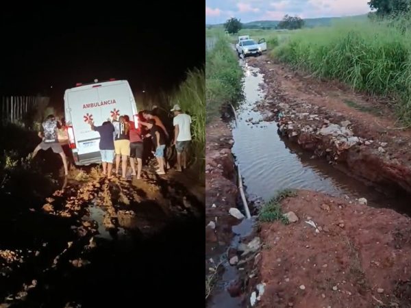 Foto 1: Moradores ajudam a desatolar ambulância | Foto 2: Problema na estrada na qual ambulância atolou, em imagem pela manhã — Foto: Cedidas