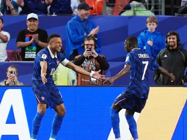 Soccer Football - FIFA World Cup 2026 - Group I - France v Iraq - Philadelphia Stadium, Philadelphia, Pennsylvania, U.S. - June 22, 2026 France's Kylian Mbappe celebrates scoring their second goal with Ousmane Dembele IMAGN IMAGES via Reuters/Kyle Ross
