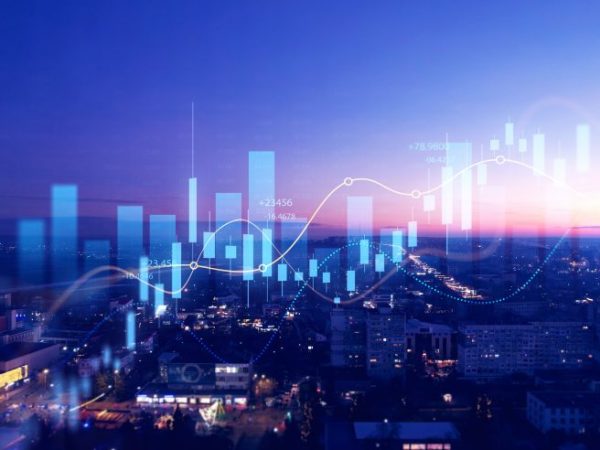 Sobreposição de gráficos em cima da foto aérea de uma cidade