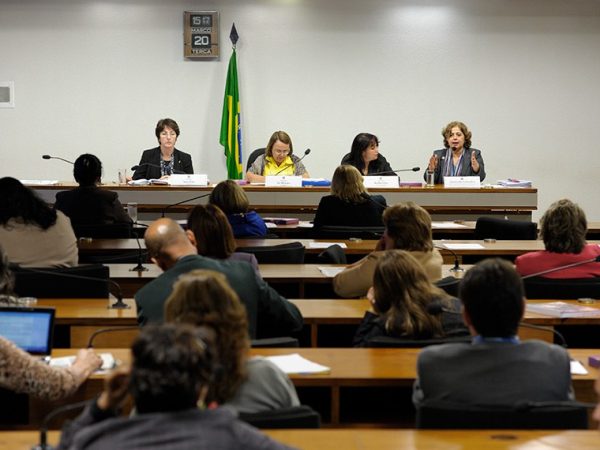 Mesa (E/D): 
relatora da CPMI, senadora Ana Rita (PT-ES); 
presidente da CPMI, deputada federal Jô Moraes (PCdoB-MG); 
vice-presidente da CPMI, deputada federal Keiko Ota (PSB-SP); 
secretária nacional de enfretamento da violência contra a mulher, Aparecida Gonçalves - em pronunciamento