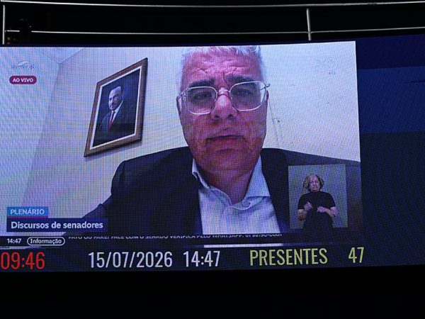 No painel, senador Eduardo Girão (Novo-CE) em pronunciamento via videoconferência.