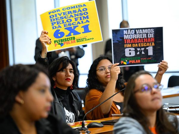 Convidados exibem cartazes na audiência pública.