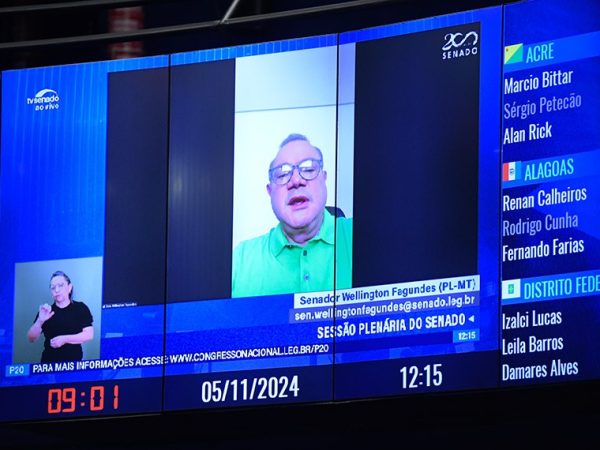 No painel, senador Wellington Fagundes (PL-MT) em pronunciamento via videoconferência.