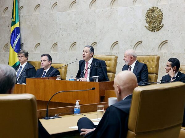 Barroso fala na abertura do Ano Judiciário, entre Pacheco e Lula; à esquerda, o procurador-geral, Gonet Antonio Augusto/SCO/STF