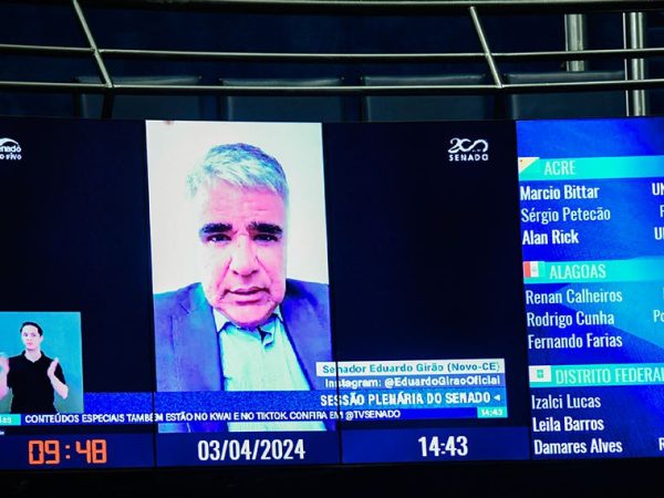 No painel, senador Eduardo Girão (Novo-CE) em pronunciamento via videoconferência.