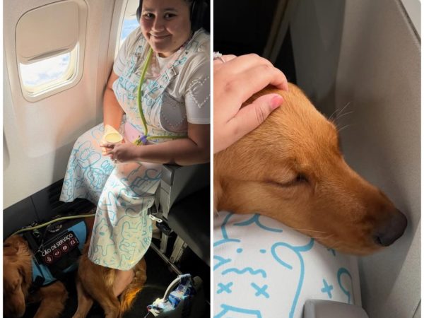 Raquel Nery com cão de serviço após conseguir embarcar em voo, em Maceió. — Foto: Reprodução/Redes sociais