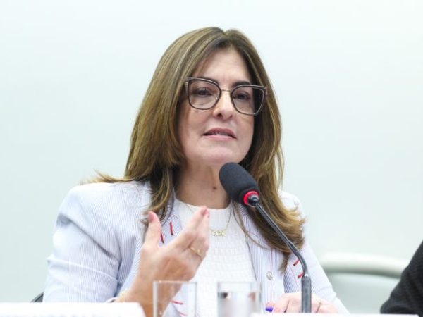 Deputada Rogéria Santos fala ao microfone. Ela é clara, tem cabelo liso, comprido e castanho claro. Ela usa um blazer claro e óculos