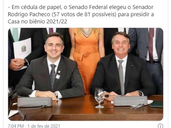 Apoiado por Bolsonaro, o novo presidente vai substituir o senador Davi Alcolumbre — Foto: Reprodução