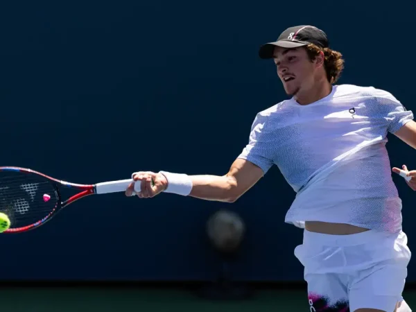 Aug 25, 2025; Flushing, NY, USA; Joao Fonseca of Brazil in action against Miomir Kecmanovic of Serbia in the first round of the men’s singles at the US Open at Billie Jean King National Tennis Centre. Mandatory Credit: Mike Frey-Imagn Images