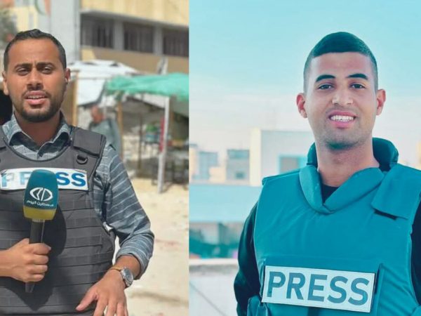 Gaza, 25/03/2025 - Jornalistas assassinados ontem por Israel. São eles o profissional da TV Al-Jazeera, o palestino Hossam Shabat, e o jornalista da TV Palestine Today, Mohammad Mansour. Foto: Sindicato dos Jornalistas da Palestina/Divulgação