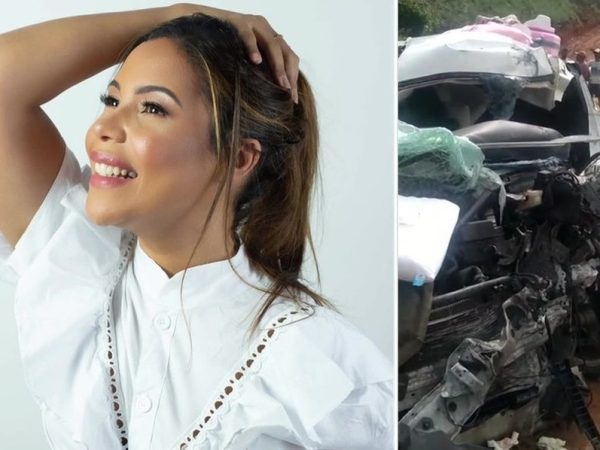 Cantora gospel Amanda Wanessa sofreu acidente na PE-60, na Zona da Mata Sul, e veículo em que estava ficou destruído, na segunda-feira (4) — Foto: Arte/G1