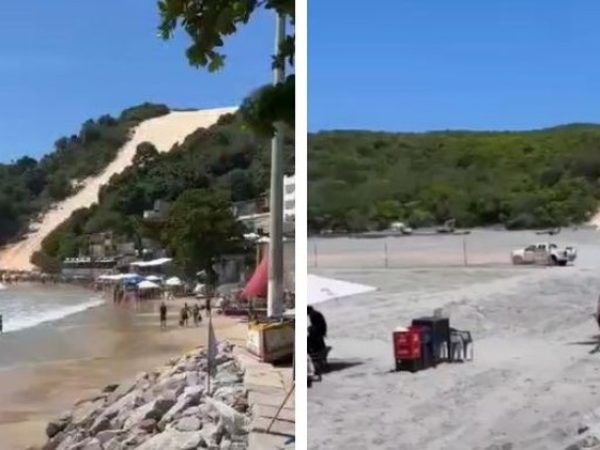 Morro do Careca antes e depois da engorda de Ponta Negra — Foto: Reprodução