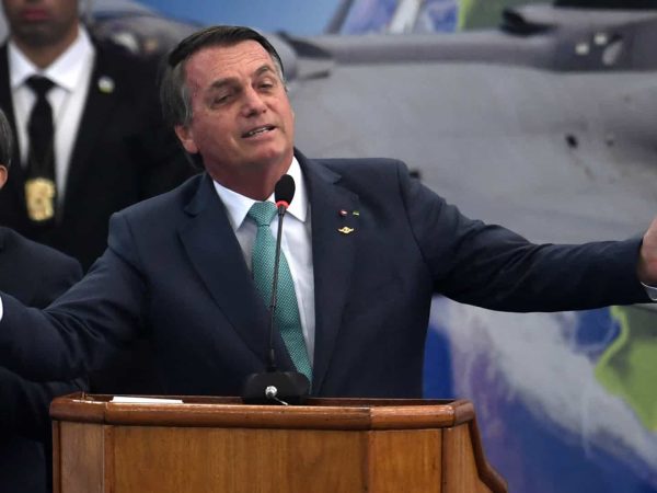 Bolsonaro discursou na convenção do PL de Goiás, que oficializou o deputado federal Major Vitor Hugo (PL) candidato ao governo local — Foto: Getty