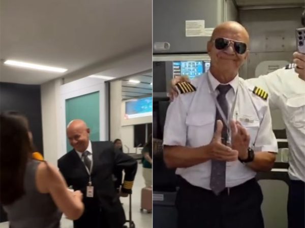 Piloto foi homenageado após desembarcar em Natal — Foto: Divulgação/Natal Airport e Gol