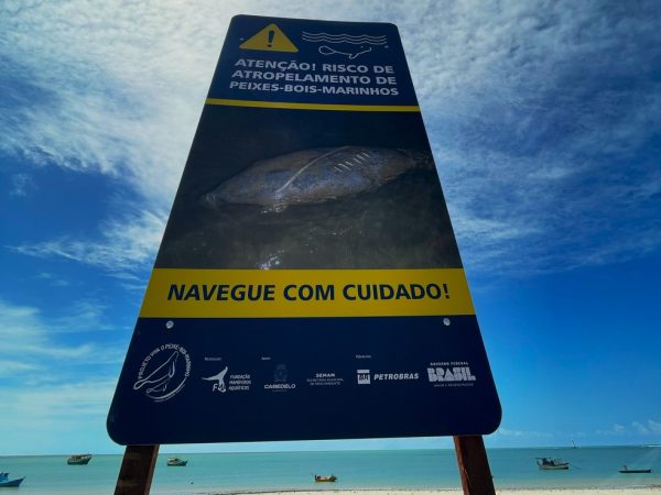 Placa alerta sobre risco de atropelamento de peixe-boi-marinho na orla de Cabedelo — Foto: Reprodução/Seman Cabedelo