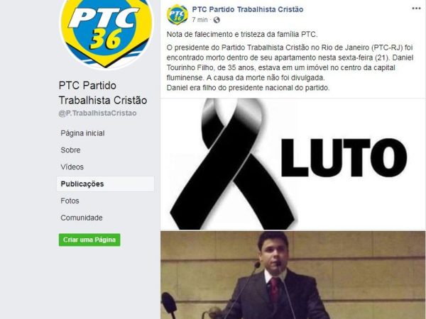 Partido comunicou o falecimento do presidente regional, Daniel Tourinho Filho — Foto: Reprodução/Facebook