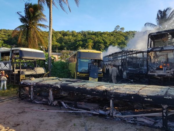 Onze ônibus pegaram fogo em ferro-velho na Zona Oeste de Natal (Foto: Divulgação/PM)