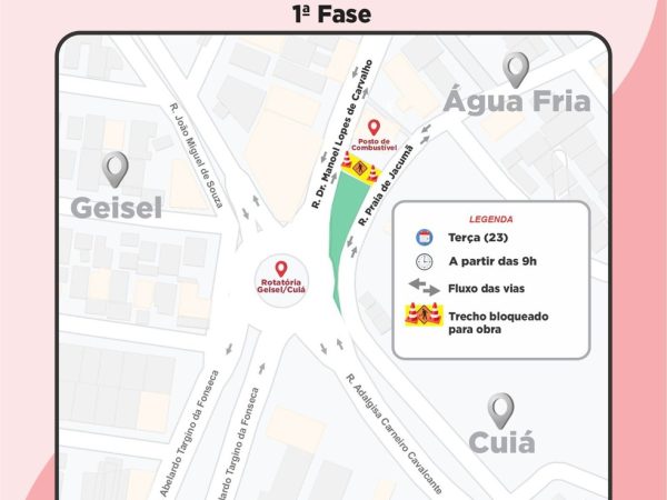 Mapa dos trechos interditados pela obra do Viaduto de Água Fria — Foto: Semob/Divulgação