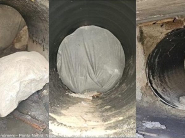 Tubulações tampadas na estrutura da drenagem da praia de Ponta Negra — Foto: Reprodução