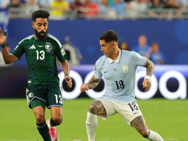 Soccer Football - FIFA World Cup 2026 - Group H - Saudi Arabia v Uruguay - Miami Stadium, Miami Gardens, Florida, U.S. - June 15, 2026 Uruguay's Brian Rodriguez in action with Saudi Arabia's Nawaf Bu Washl IMAGN IMAGES via Reuters/Sam Navarro