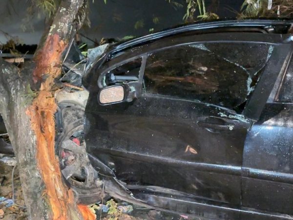 Carro bate em árvore, fica destruído, e acidente deixa duas pessoas feridas — Foto: Flávio Fernandes/TV Cabo Branco