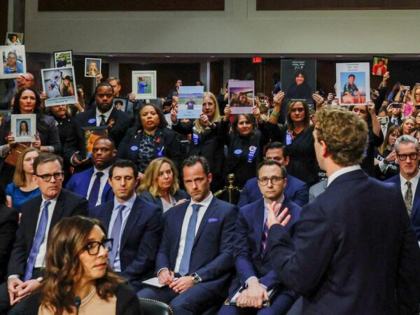 Meta's CEO Mark Zuckerberg stands and faces the audience as he testifies during the Senate Judiciary Committee hearing on online child sexual exploitation at the U.S. Capitol in Washington, U.S., January 31, 2024. REUTERS/Evelyn Hockstein     TPX IMAGES OF THE DAY