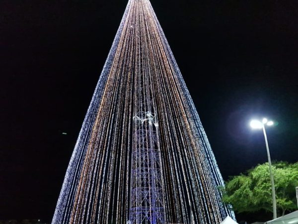 Com 110 metros, Árvore de Mirassol é acesa em Natal — Foto: Rafael Fernandes/Inter TV Cabugi