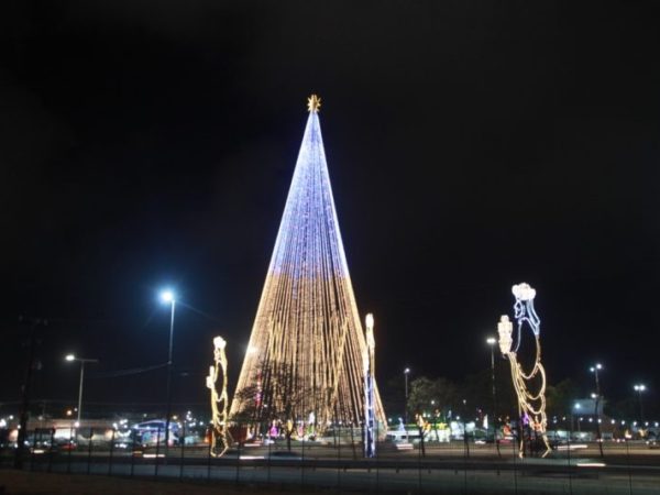 A Árvore de Mirassol mantém ainda o padrão dos anos anteriores, sendo a maior estrutura natalina construída no país com esse objetivo — Foto: Alex Régis